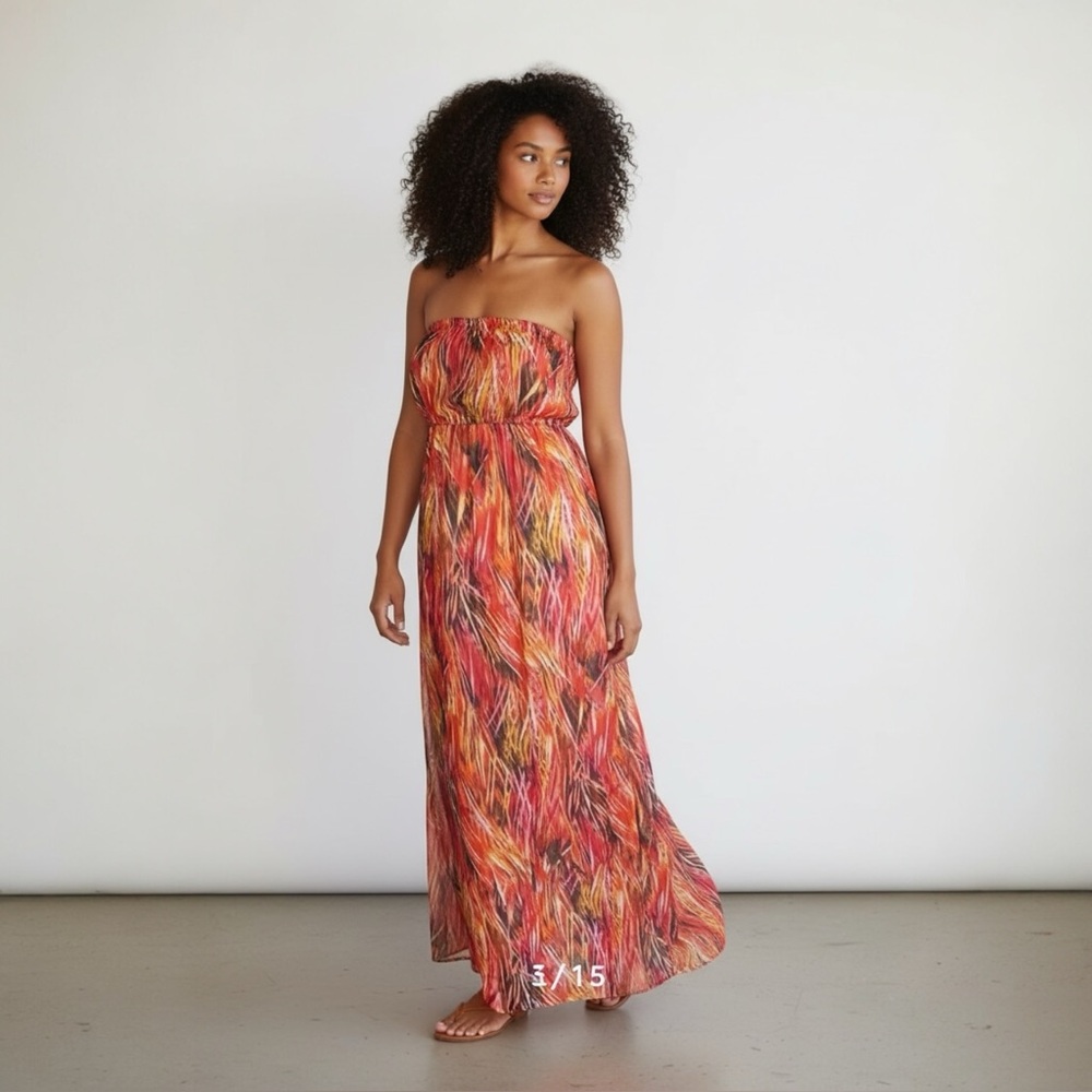 Pink Rose Strapless Orange-Red Maxi Dress – Size Small
